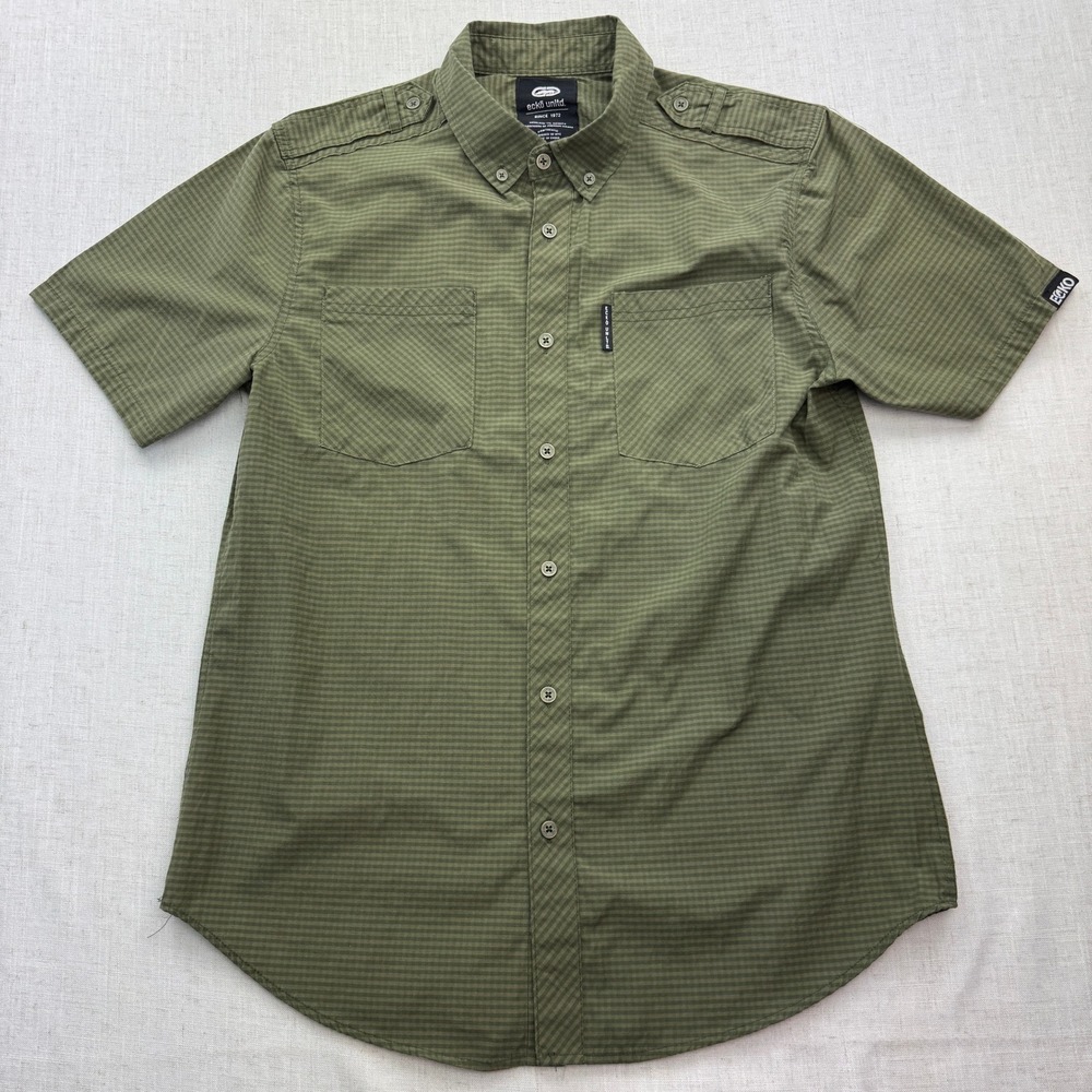 Ecko Unltd Button Down Shirt Mens M Olive Green Epaulette Streetwear Utility